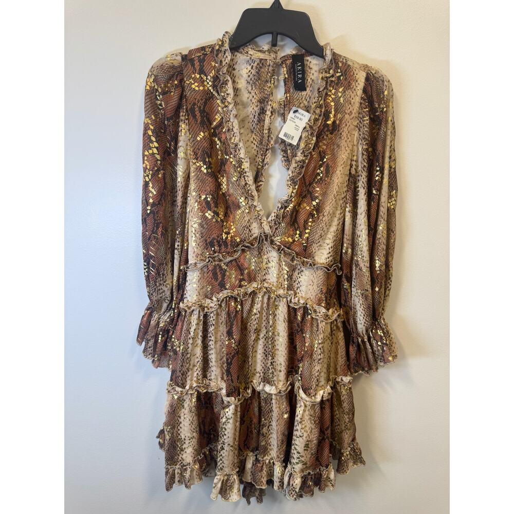 Akira Snake Print Tiered Ruffle Mini Dress Metallic Gold Shimmer Long Sleeve S - Picture 2 of 8